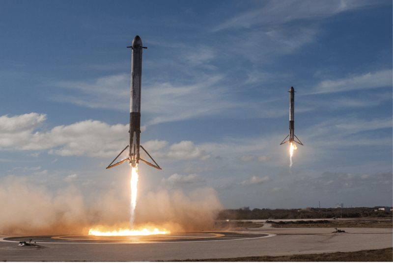 In February 2018 SpaceX landed two of the three first-stage boosters from its Falcon Heavy rocket