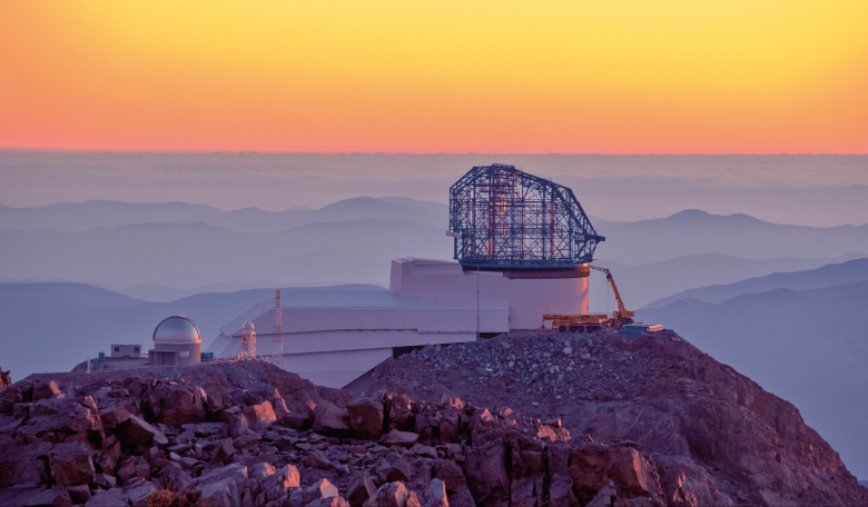 LSST at sunset, taken from behind the nearby Gemini telescope at the Cerro Pachón ridge in Chile.