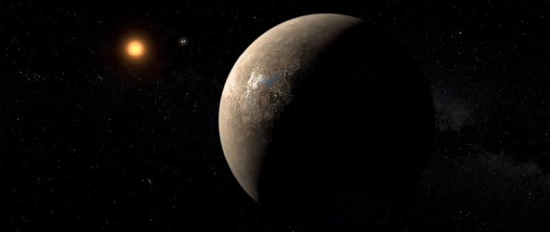 Proxima b shown orbiting Proxima Centauri, a red dwarf with a surface temperature of 3040 K