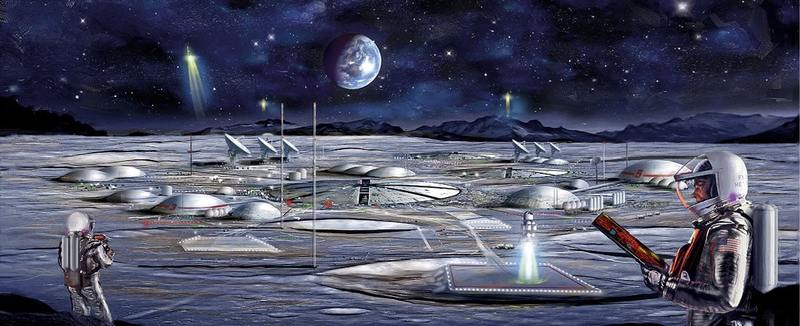 An advanced future lunar base as envisaged by artist James Vaughan.