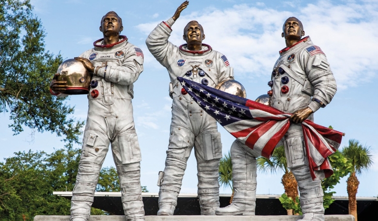 The ‘Eagle has Landed’ monument in the Moon Tree Garden at KSC Visitor Center in Florida, USA.