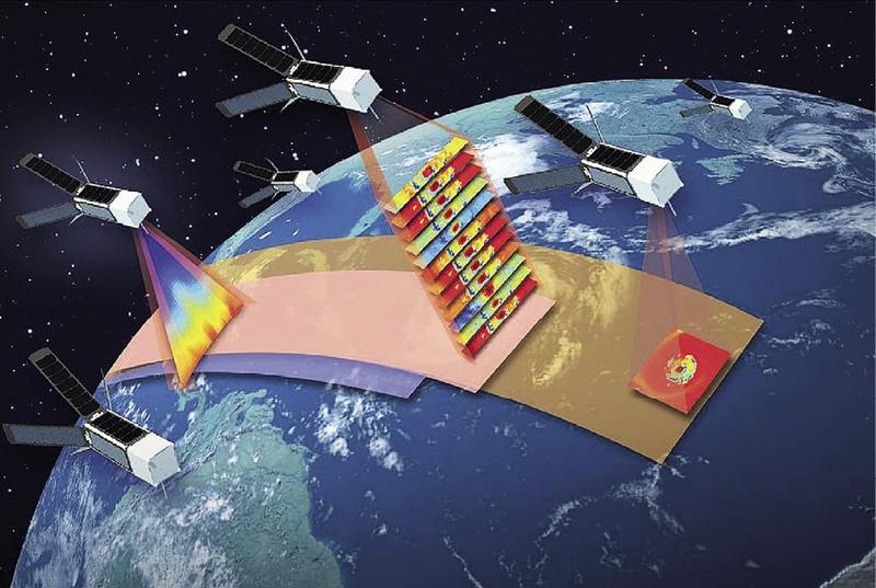 Artist’s concept of NASA’s TROPICS mission using a constellation of 12 CubeSats flying in formation to study hurricanes.