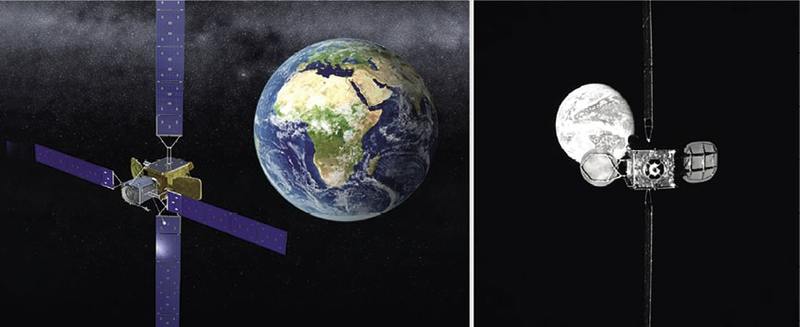 Artist’s pre-launch concept of MEV-1 docking to Intelsat 901 (left); actual photo of Intelsat 901 in orbit by MEV-1 (right).