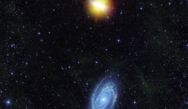Image from NASA’s Wide-Field Infrared Survey Explorer (WISE) of Messiers 81 and and 82 (top) which swept by each other a few hundred million years ago, an encounter which triggered a spectacular burst of star formation visible in both galaxies.