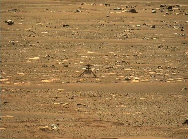 NASA s Ingenuity Mars helicopter seen from the Perseverance rover after it successfully completing a high-speed spin-up test. NASA/JPL-Caltech