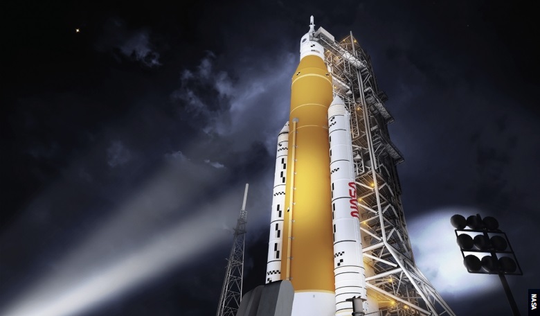 SLS in the configuration that will send astronauts to the Moon on the Artemis missions. For the rocket’s first flight it is planned to send an uncrewed Orion spacecraft in an orbit beyond the Moon.