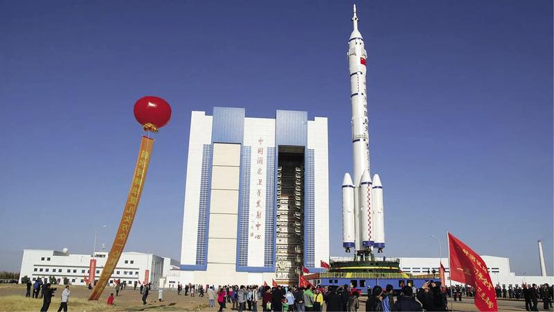 A Long March rocket replica at Jiquan complex in the Gobi Desert.