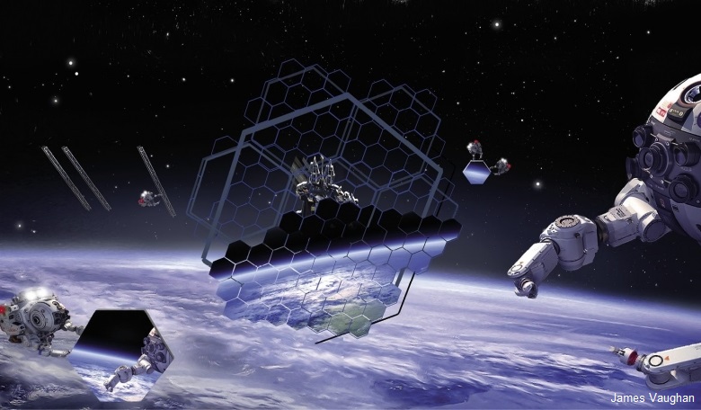 Future robots assembling a telescope in low Earth orbit. (James Vaughan)