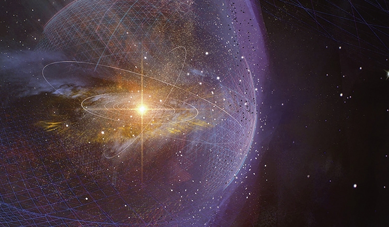 Artist’s conception of the heliosphere in which gridded lines illustrate shapes and flow as our Sun moves through the interstellar medium.