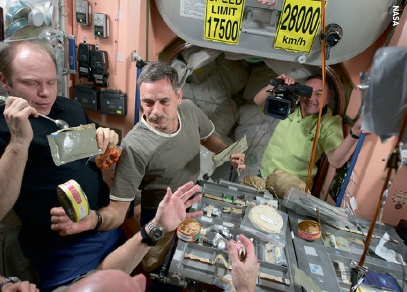 Cosmonauts Oleg Kotov, Mikhail Kornienko and Alexander Skvortsov having lunch. ISS Expedition 23, 2010.
