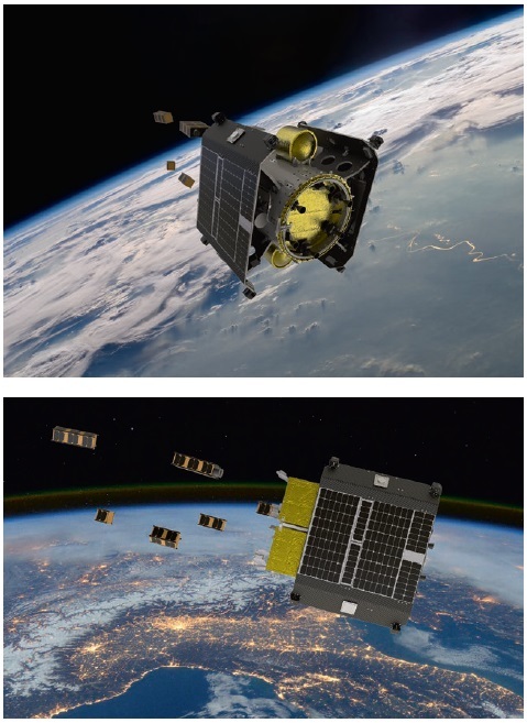 Artistic representations of ION satellite carrier in orbit.