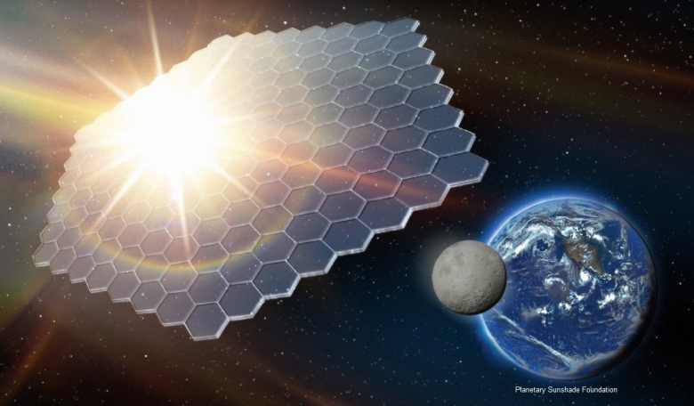 Conceptual illustration of a planetary sunshade blocking a fraction of sunlight from reaching Earth.
