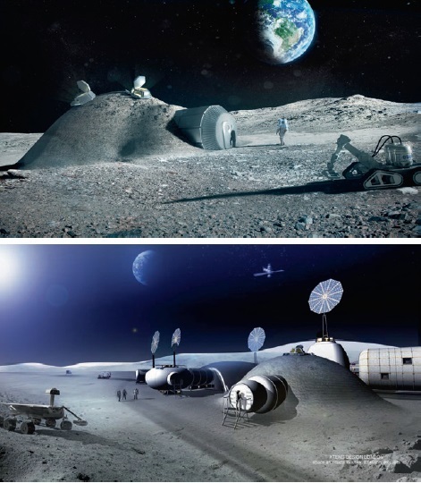 Design concepts for hybrid lunar habitats incorporating 3D printing techniques.