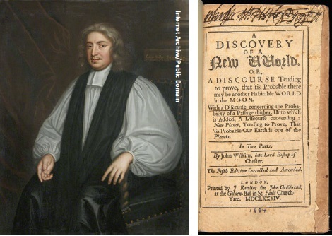Dr John Wilkins (left) and (right) the frontispiece to his A Discovery of a New World
