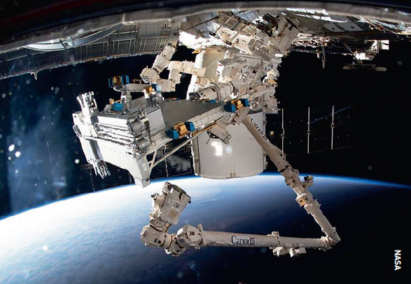 The Canadarm2 robotic arm and Dextre extract the Bartolomeo platform planned