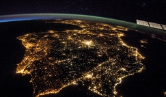 View from the International Space Station of the entire Iberian Peninsula showing Portugal and Spain, with the Strait of Gibraltar visible at bottom.