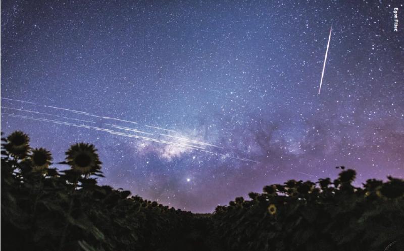 Parallel streaks from SpaceX Starlink satellites visible over southern Brazil