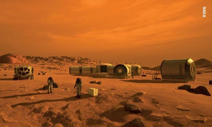 Artist’s concept depicting the first astronauts and human habitats on Mars.