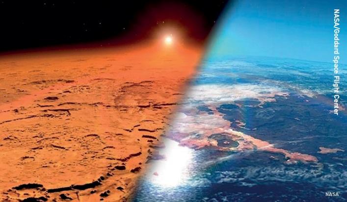 Artist’s impression of early Mars with an atmosphere compared to Mars as it is now.