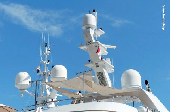 Example of mechanically steered satellite antennas on a ship to provide VSAT communication.