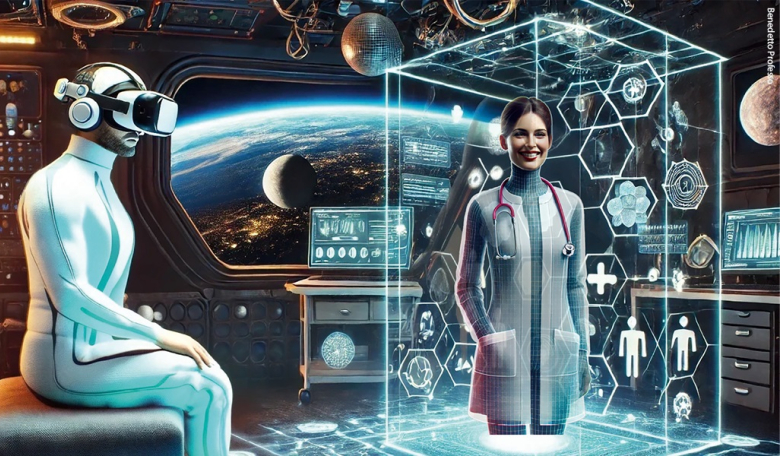 A futuristic but increasingly plausible scene with an orbiting astronaut immersed in an AR/VR session with the hologram of a doctor monitoring from Earth.