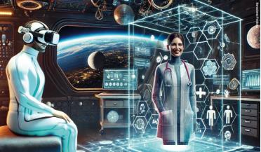 A futuristic but increasingly plausible scene with an orbiting astronaut immersed in an AR/VR session with the hologram of a doctor monitoring from Earth.