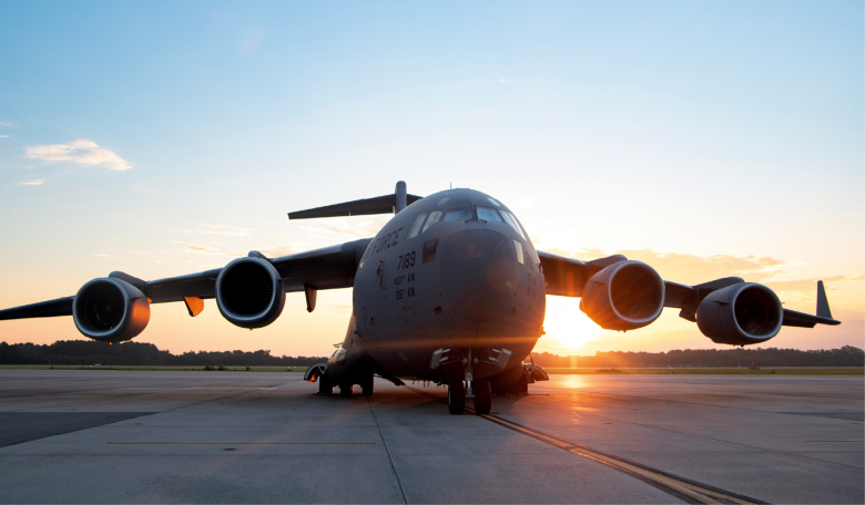 C-17 Globemaster transport aircraft for space launch operations.