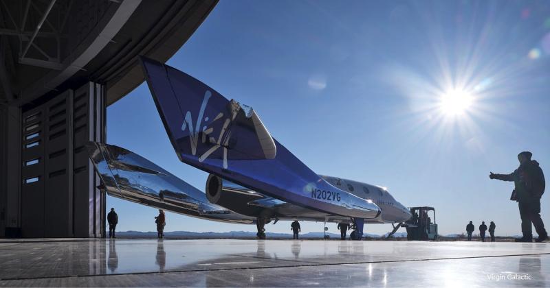 VSS Unity in the hanger at Spaceport America.