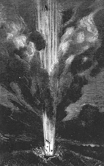 Engraving from an early edition of Jules Verne s From the Earth to the Moon showing the firing of the Columbiad cannon