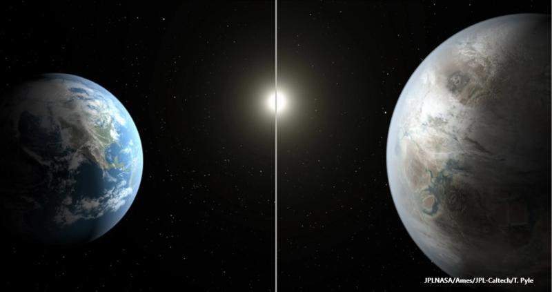 Artistic concept comparing Earth (left) to Kepler-452b