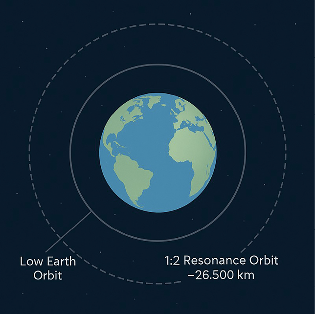 Illustration of 1 to 2 resonance orbit around the Earth.