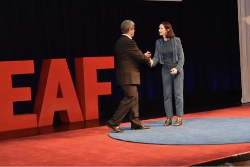 Sara Seager is introduced to the audience at NEAF