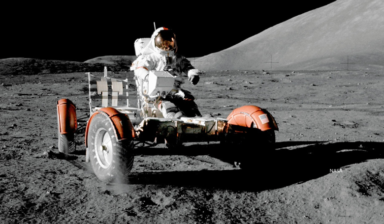 1 – Astronaut Gene Cernan test-drives the stripped down LRV-3 on the Apollo 17 mission.