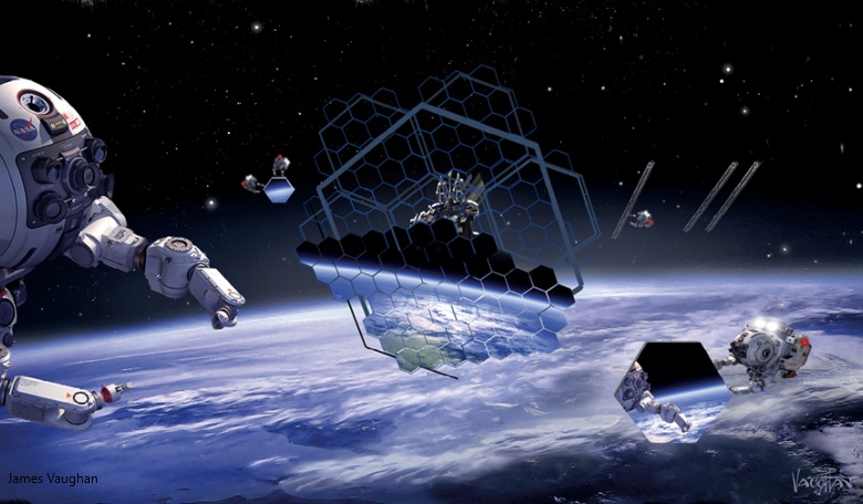 Futuristic scenario showing robotic assembly in Earth orbit of an orbiting space telescope.