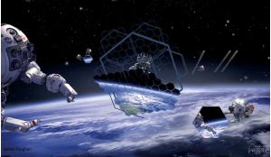 Futuristic scenario showing robotic assembly in Earth orbit of an orbiting space telescope.