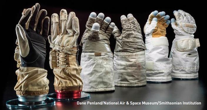 Gloves worn by astronauts Ed White (Gemini IV), Gene Cernan (Apollo 17) and Kathy Sullivan (STS 41-G).