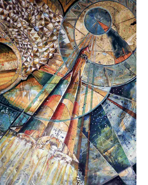 Post Soviet futurism design for the Vostok-1 launch vehicle.