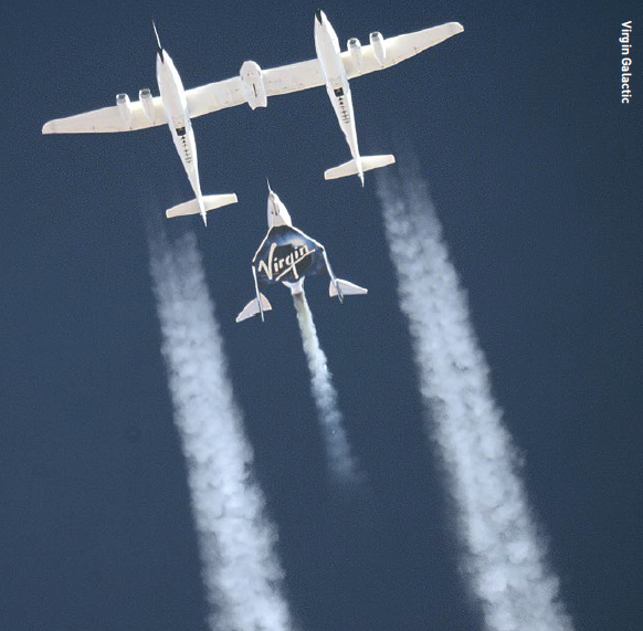 Virgin Galactic’s VSS Unity spaceplane ignites its rocket motor moments after release from VMS Eve.