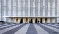 Entrance to the General Assembly Building as viewed from the Visitors’ Plaza at UN Headquarters.