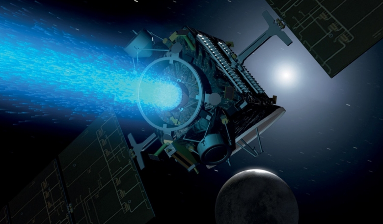 Artist’s concept showing NASA’s Dawn spacecraft thrusting with its centre ion engine high above the night side of Ceres.