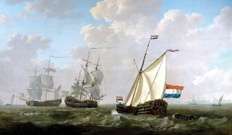 The yacht of the Rotterdam chamber of the Dutch East India Company greets a VoC ship near Hellevoetsluis’ by Jacob van Strij, 1790.