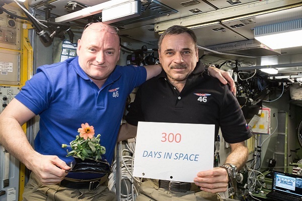 One-year mission crew members Scott Kelly of NASA (left) and Mikhail Kornienko of Roscosmos (right) celebrated their 300th consecutive day in space on Jan. 21, 2016