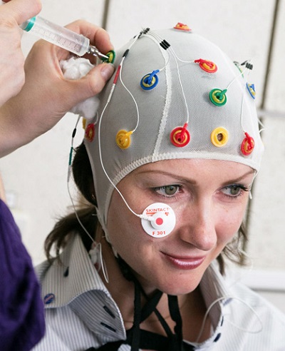 Electroencephalogram being performed on crew commander Elena Luchitskaya