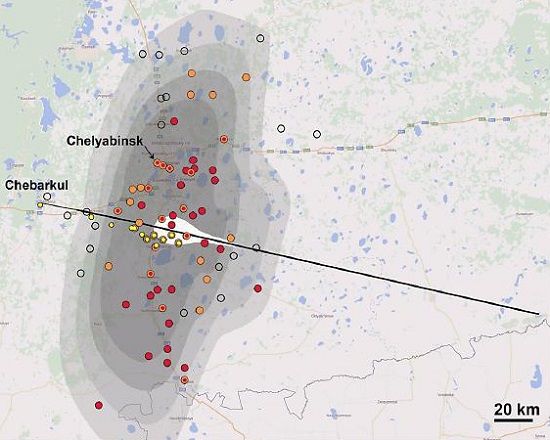 Diagram showing the increased pressure at the time of the Chelyabinsk meteorite impact
