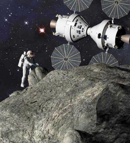 Artist’s illustration depicting a ‘Plymouth Rock’ asteroid mission with astronauts and NASA’s Lockheed Martin-built Orion spacecraft, designed specifically for deep space missions