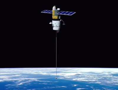 Artist’s concept of an orbiting vehicle using an electrodynamic tethers propulsion system.