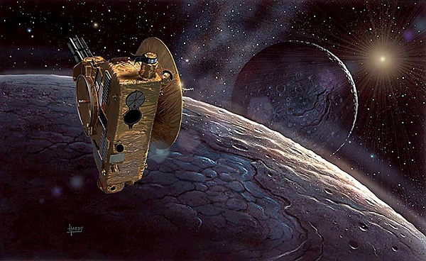 A painting of Pluto & Charon done in 1991, plus a 3D model of New Horizons by Dan Durda added in 2015. Note the atmospheric haze, the similarity to Sputnik Planum, and the chasms on Charon!